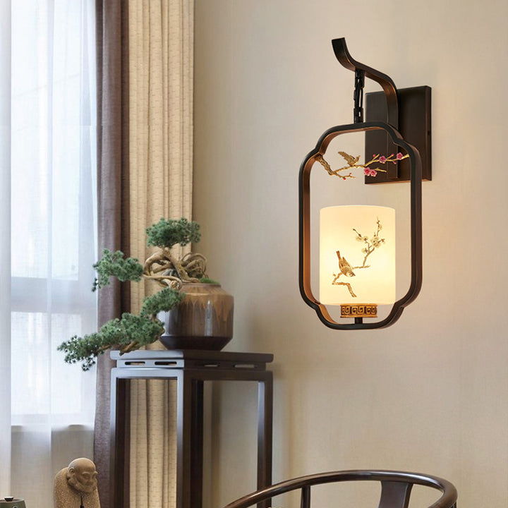 Traditional Chinese Glass Iron Floral Bird Pattern Cylindrical 1-Light Wall Sconce Lamp For Bedroom &amp; Living Room