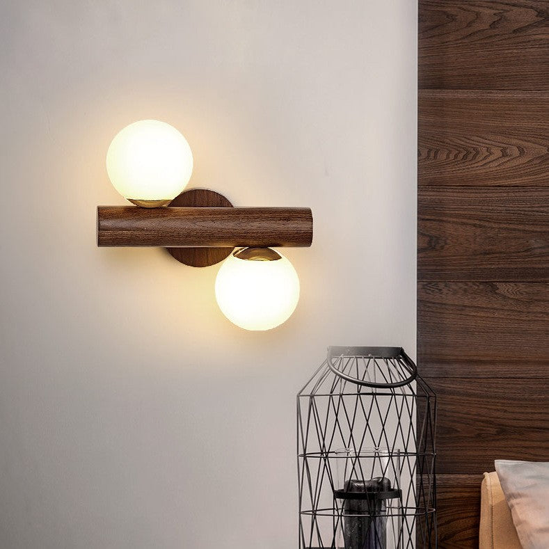 Contemporary Scandinavian Metal Rubberwood Glass Cylinder Globe 2-Light Wall Sconce Lamp For Bedroom &amp; Living Room