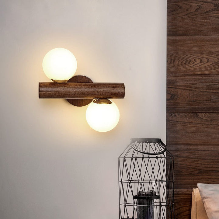 Contemporary Scandinavian Metal Rubberwood Glass Cylinder Globe 2-Light Wall Sconce Lamp For Bedroom &amp; Living Room