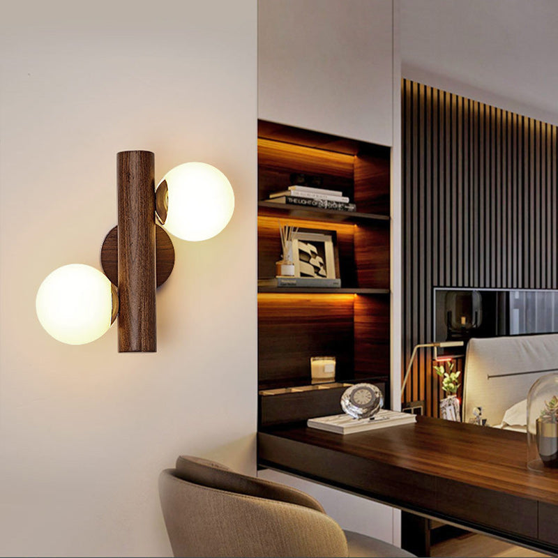 Contemporary Scandinavian Metal Rubberwood Glass Cylinder Globe 2-Light Wall Sconce Lamp For Bedroom &amp; Living Room