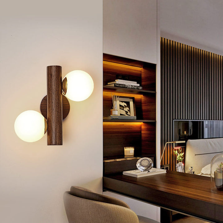 Contemporary Scandinavian Metal Rubberwood Glass Cylinder Globe 2-Light Wall Sconce Lamp For Bedroom &amp; Living Room