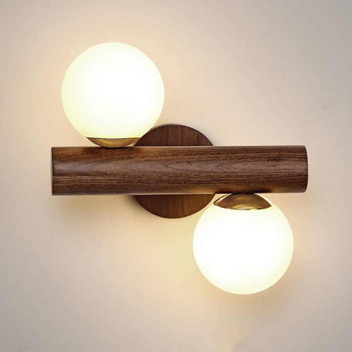 Contemporary Scandinavian Metal Rubberwood Glass Cylinder Globe 2-Light Wall Sconce Lamp For Bedroom &amp; Living Room