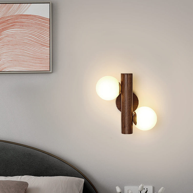 Contemporary Scandinavian Metal Rubberwood Glass Cylinder Globe 2-Light Wall Sconce Lamp For Bedroom &amp; Living Room
