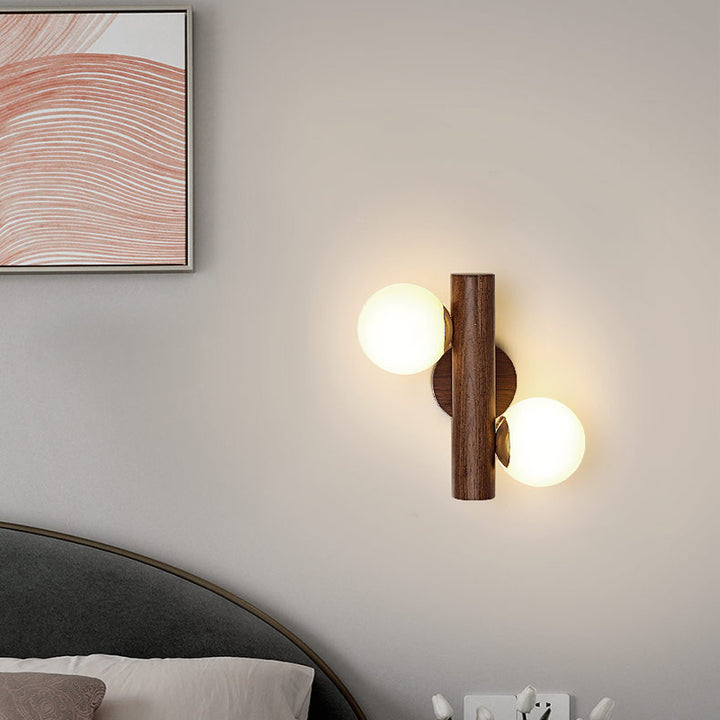 Contemporary Scandinavian Metal Rubberwood Glass Cylinder Globe 2-Light Wall Sconce Lamp For Bedroom &amp; Living Room