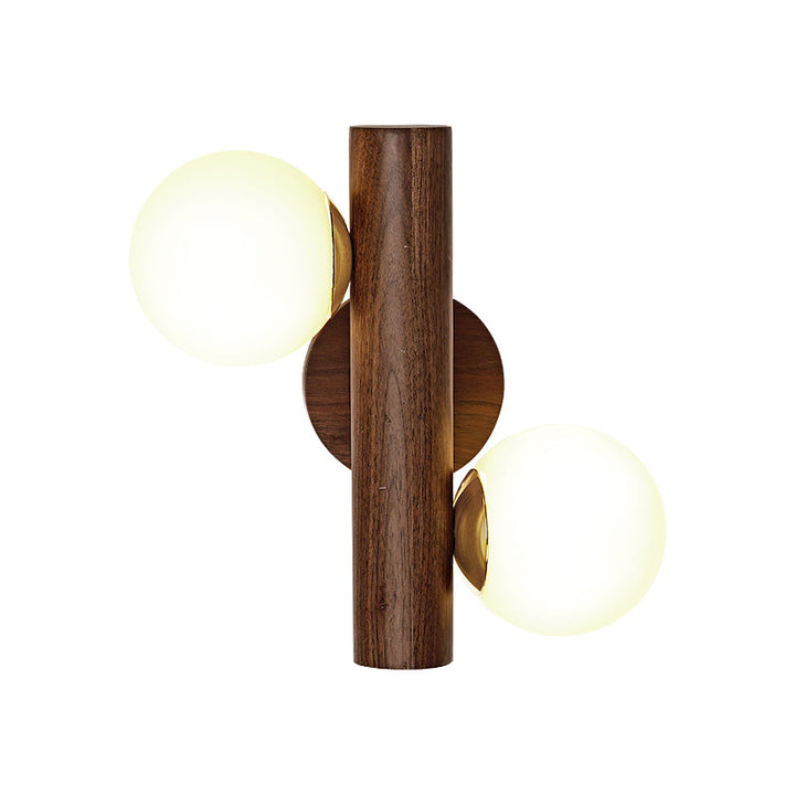 Contemporary Scandinavian Metal Rubberwood Glass Cylinder Globe 2-Light Wall Sconce Lamp For Bedroom &amp; Living Room