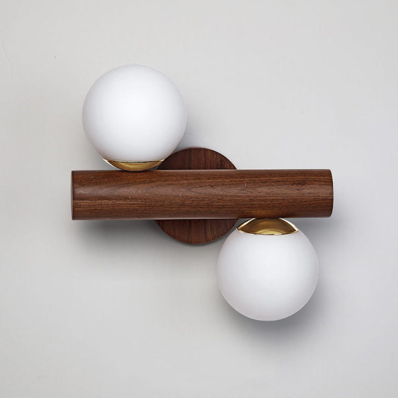 Contemporary Scandinavian Metal Rubberwood Glass Cylinder Globe 2-Light Wall Sconce Lamp For Bedroom &amp; Living Room