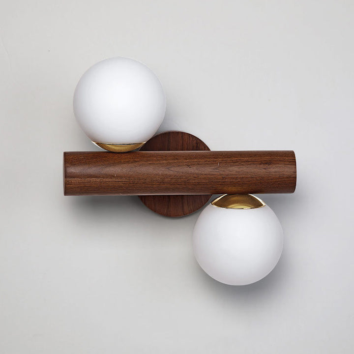 Contemporary Scandinavian Metal Rubberwood Glass Cylinder Globe 2-Light Wall Sconce Lamp For Bedroom &amp; Living Room