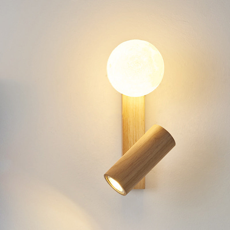 Lampe murale LED contemporaine en bois caoutchouc PE créatif cylindrique carré globe pour chambre et salon 