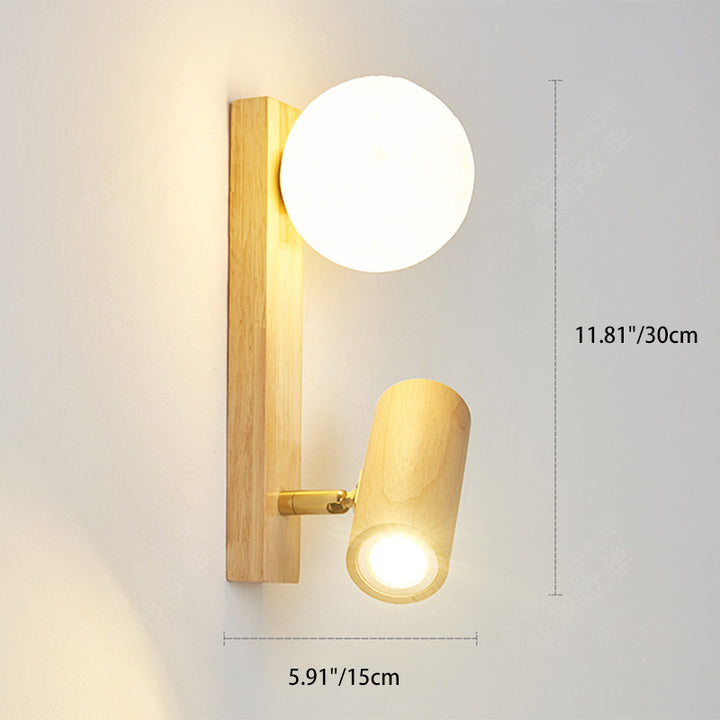 Lampe murale LED contemporaine en bois caoutchouc PE créatif cylindrique carré globe pour chambre et salon 