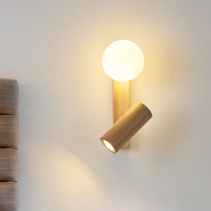 Lampe murale LED contemporaine en bois caoutchouc PE créatif cylindrique carré globe pour chambre et salon 