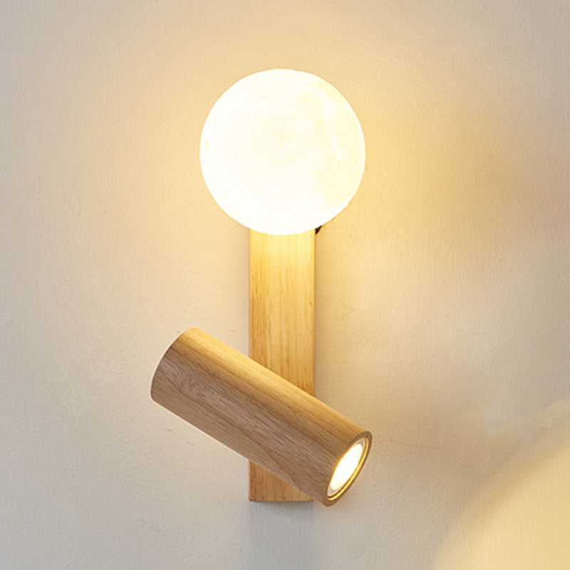 Lampe murale LED contemporaine en bois caoutchouc PE créatif cylindrique carré globe pour chambre et salon 