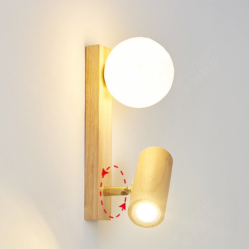 Lampe murale LED contemporaine en bois caoutchouc PE créatif cylindrique carré globe pour chambre et salon 