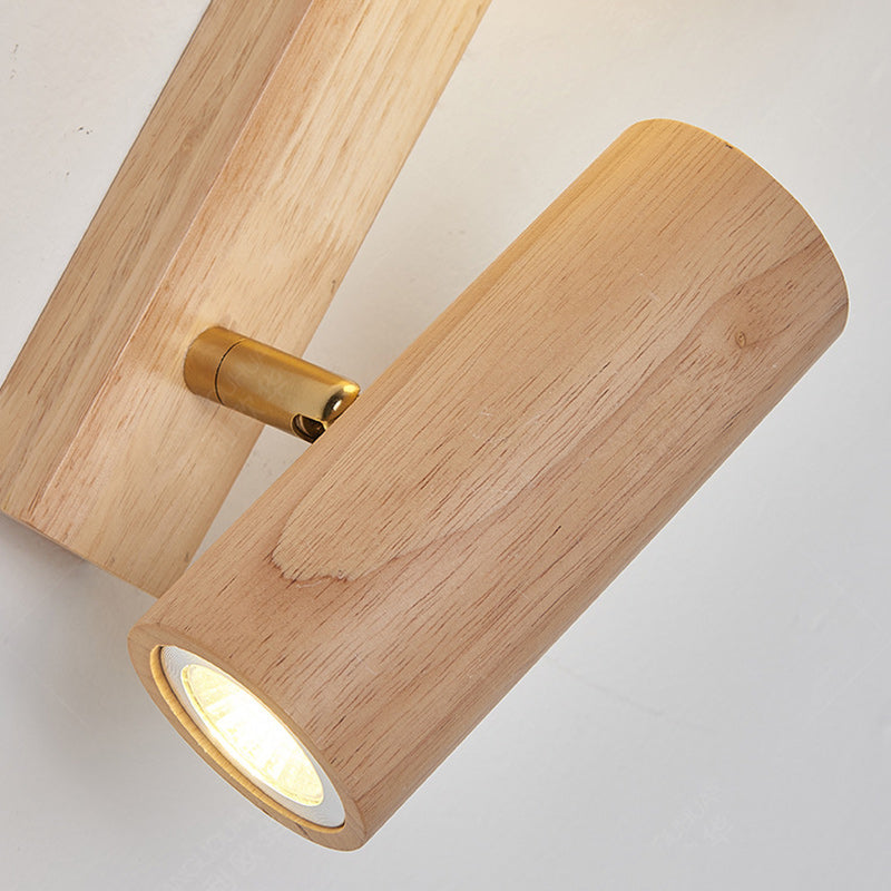 Lampe murale LED contemporaine en bois caoutchouc PE créatif cylindrique carré globe pour chambre et salon 