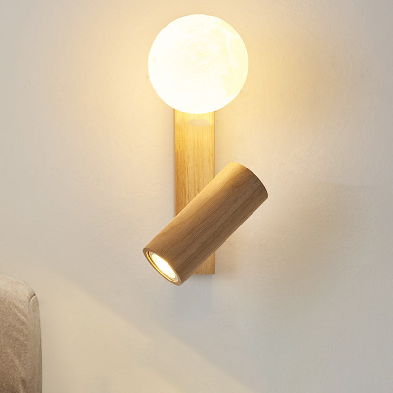 Lampe murale LED contemporaine en bois caoutchouc PE créatif cylindrique carré globe pour chambre et salon 