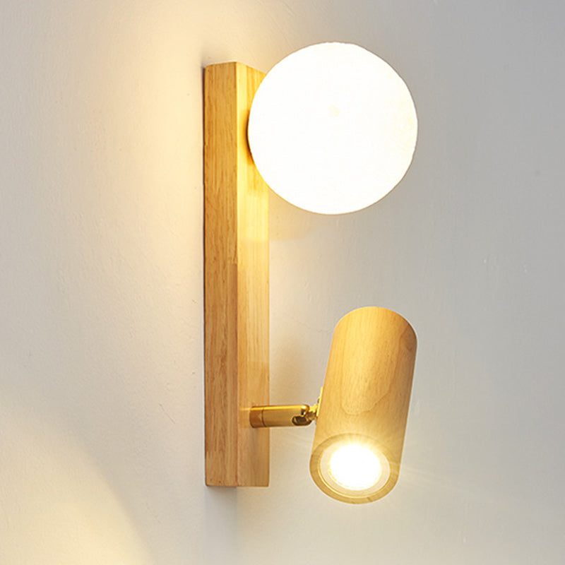 Lampe murale LED contemporaine en bois caoutchouc PE créatif cylindrique carré globe pour chambre et salon 