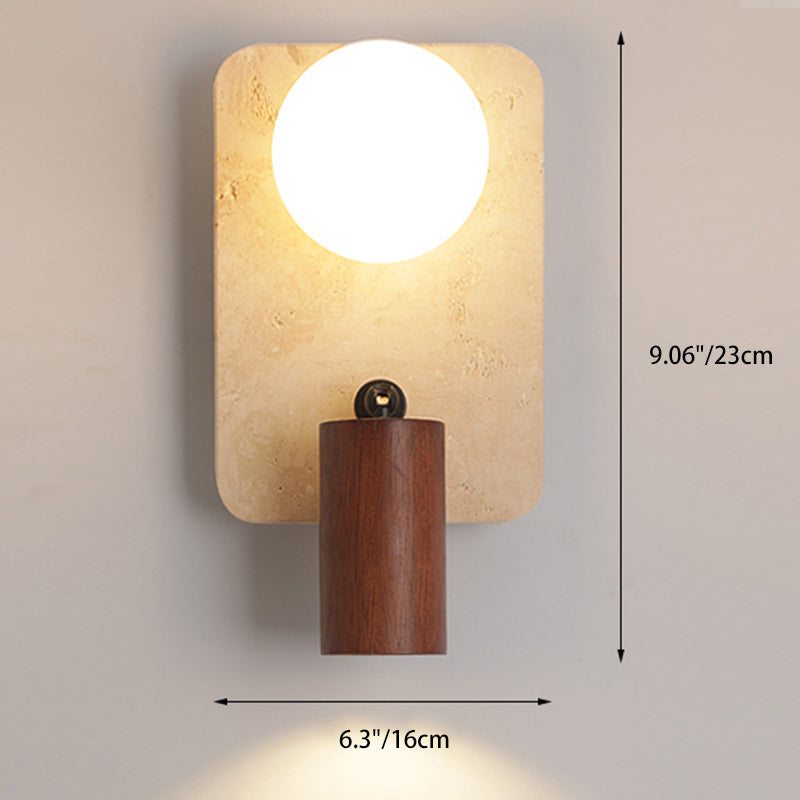 Contemporary Creative Travertine Solid Wood Glass Square Oval Globe 2-Light Wall Sconce Lamp For Bedroom &amp; Living Room