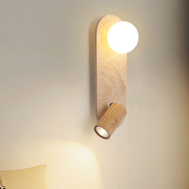 Zeitgenössische Kreative Travertin Massivholz Glas Quadrat Oval Globus 2-Licht Wandleuchte Für Schlafzimmer & Wohnzimmer 