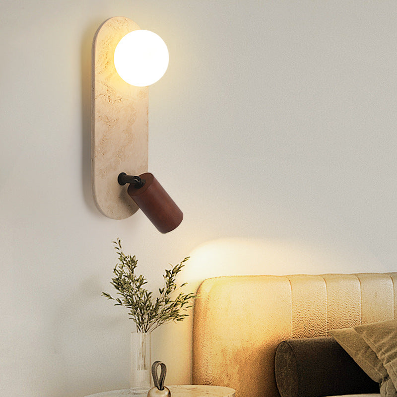 Zeitgenössische Kreative Travertin Massivholz Glas Quadrat Oval Globus 2-Licht Wandleuchte Für Schlafzimmer & Wohnzimmer 