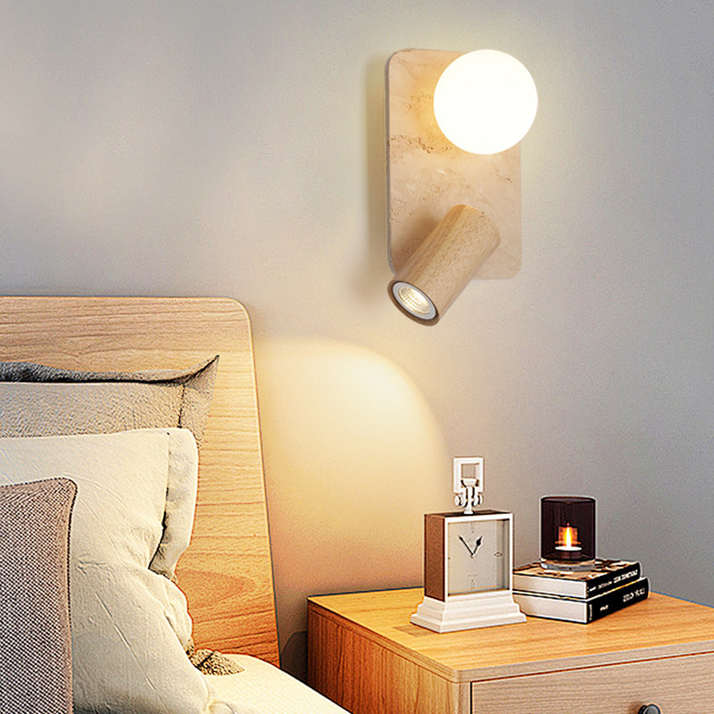 Zeitgenössische Kreative Travertin Massivholz Glas Quadrat Oval Globus 2-Licht Wandleuchte Für Schlafzimmer & Wohnzimmer 