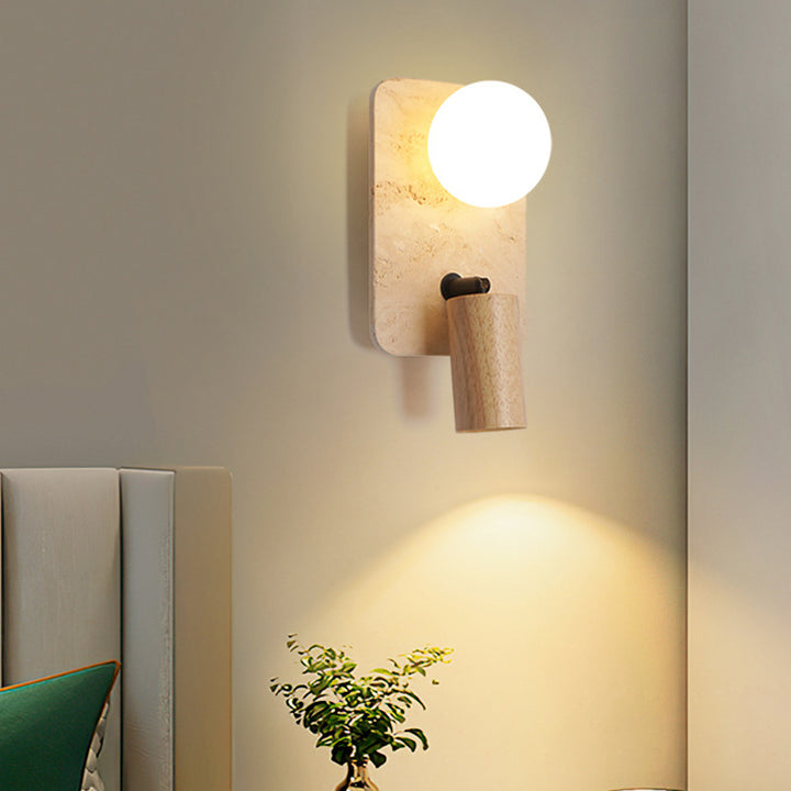 Contemporary Creative Travertine Solid Wood Glass Square Oval Globe 2-Light Wall Sconce Lamp For Bedroom &amp; Living Room