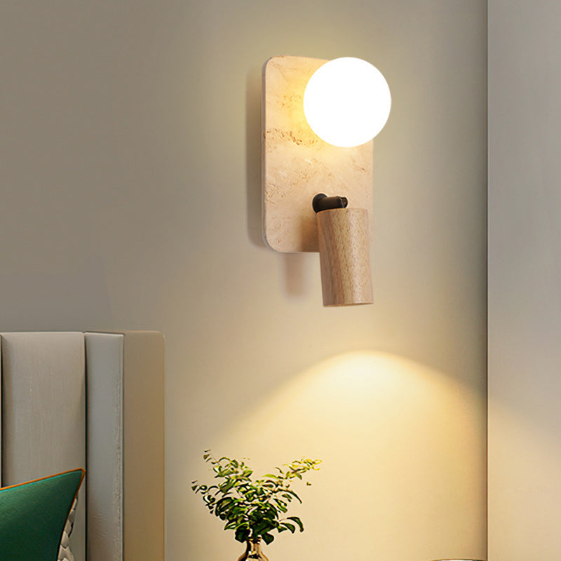 Zeitgenössische Kreative Travertin Massivholz Glas Quadrat Oval Globus 2-Licht Wandleuchte Für Schlafzimmer & Wohnzimmer 