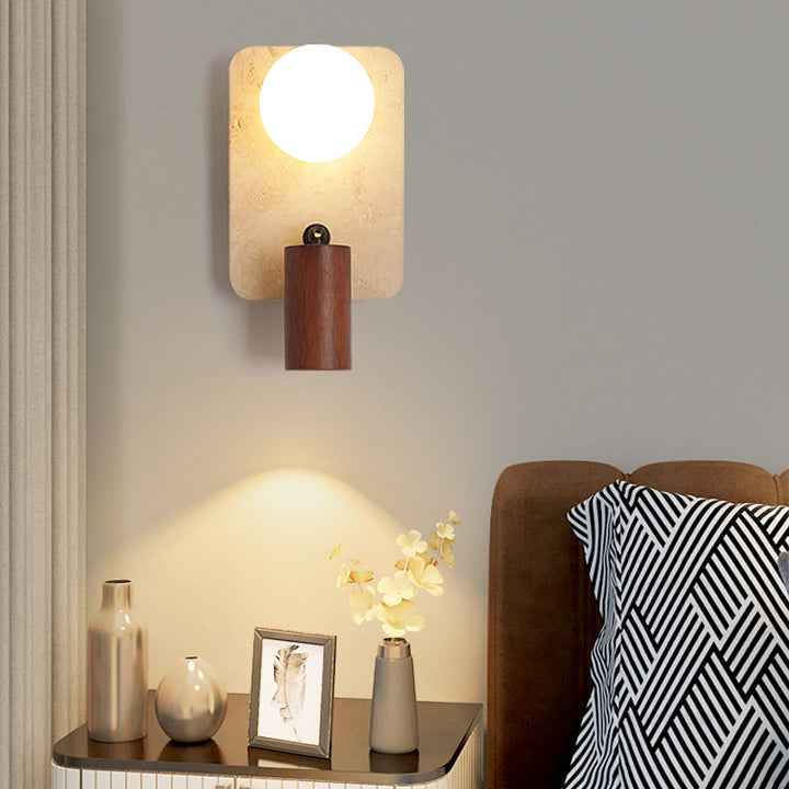 Contemporary Creative Travertine Solid Wood Glass Square Oval Globe 2-Light Wall Sconce Lamp For Bedroom &amp; Living Room
