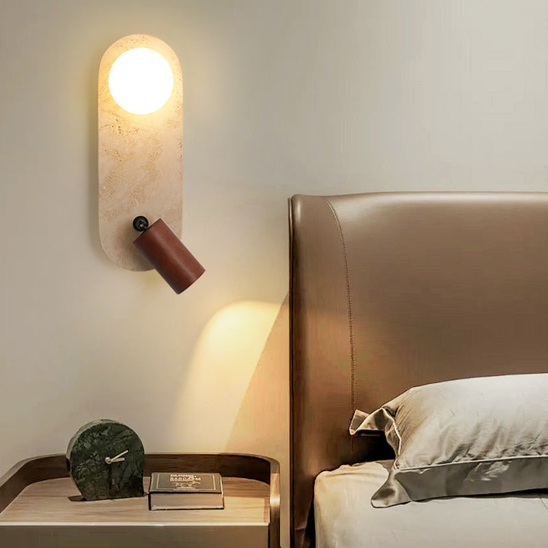 Zeitgenössische Kreative Travertin Massivholz Glas Quadrat Oval Globus 2-Licht Wandleuchte Für Schlafzimmer & Wohnzimmer 