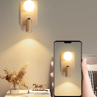 Zeitgenössische Kreative Travertin Massivholz Glas Quadrat Oval Globus 2-Licht Wandleuchte Für Schlafzimmer & Wohnzimmer 