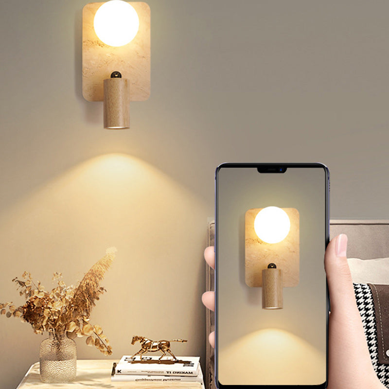 Zeitgenössische Kreative Travertin Massivholz Glas Quadrat Oval Globus 2-Licht Wandleuchte Für Schlafzimmer & Wohnzimmer 