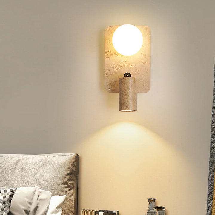 Contemporary Creative Travertine Solid Wood Glass Square Oval Globe 2-Light Wall Sconce Lamp For Bedroom &amp; Living Room