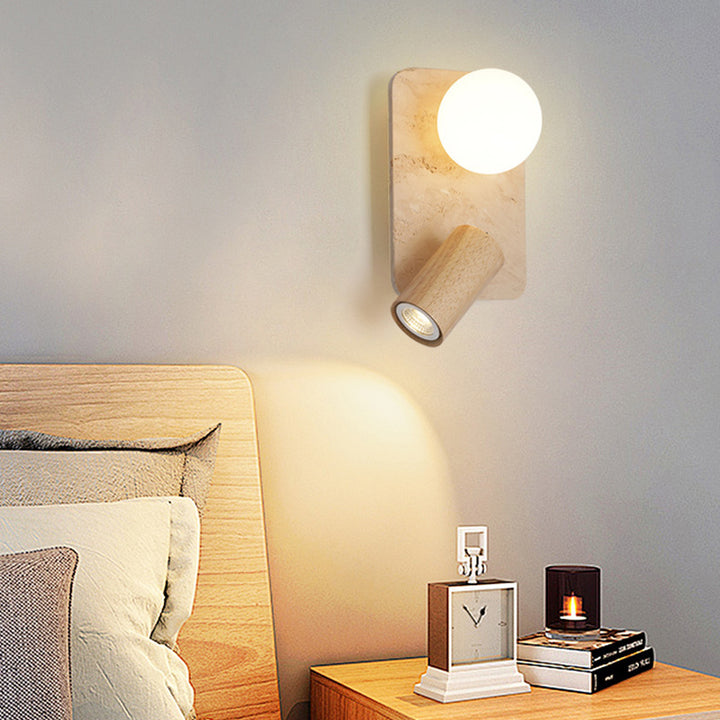 Contemporary Creative Travertine Solid Wood Glass Square Oval Globe 2-Light Wall Sconce Lamp For Bedroom &amp; Living Room