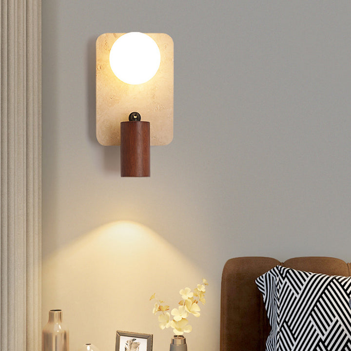 Contemporary Creative Travertine Solid Wood Glass Square Oval Globe 2-Light Wall Sconce Lamp For Bedroom &amp; Living Room