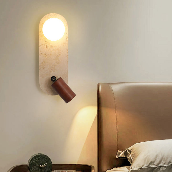 Contemporary Creative Travertine Solid Wood Glass Square Oval Globe 2-Light Wall Sconce Lamp For Bedroom &amp; Living Room