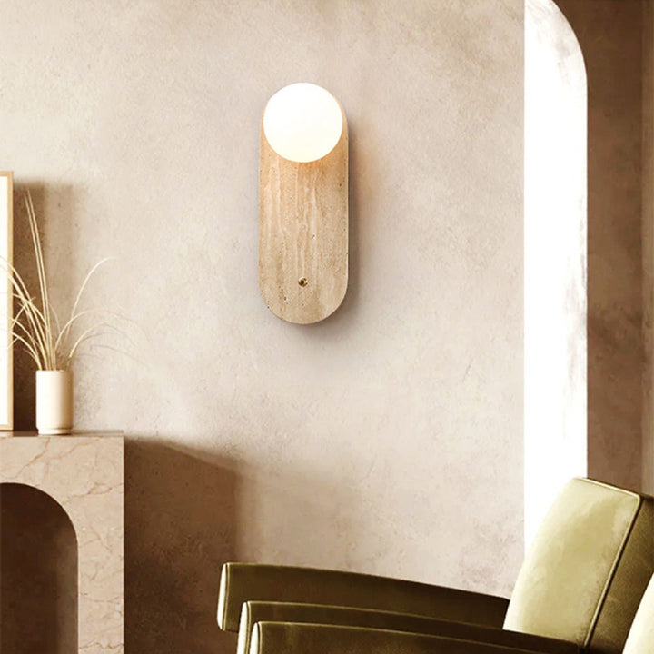 Traditional Japanese Yellow Travertine Glass Oval Round 1-Light Wall Sconce Lamp For Bedroom & Living Room