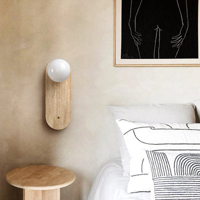 Traditionelle japanische gelbe Travertin-Glas ovale runde 1-Licht-Wandleuchte für Schlafzimmer & Wohnzimmer 