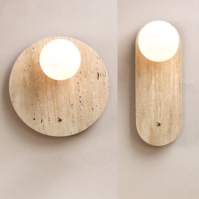 Traditionelle japanische gelbe Travertin-Glas ovale runde 1-Licht-Wandleuchte für Schlafzimmer & Wohnzimmer 