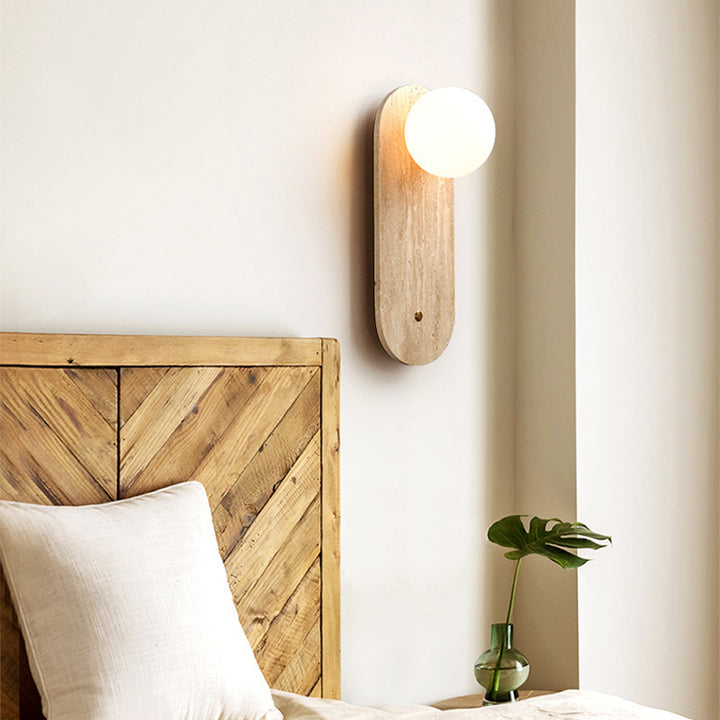 Traditional Japanese Yellow Travertine Glass Oval Round 1-Light Wall Sconce Lamp For Bedroom & Living Room
