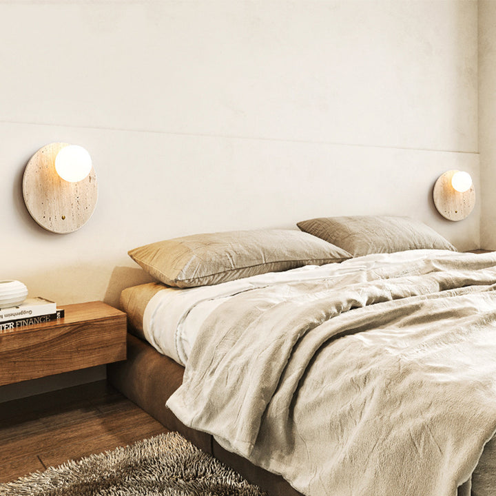 Traditional Japanese Yellow Travertine Glass Oval Round 1-Light Wall Sconce Lamp For Bedroom & Living Room