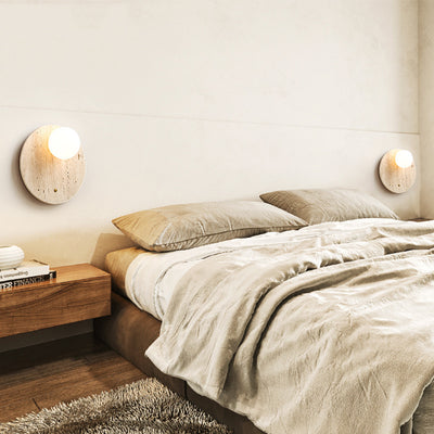 Traditionelle japanische gelbe Travertin-Glas ovale runde 1-Licht-Wandleuchte für Schlafzimmer & Wohnzimmer 