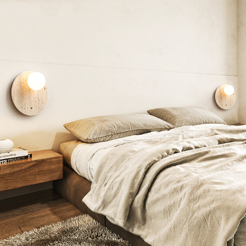 Traditionelle japanische gelbe Travertin-Glas ovale runde 1-Licht-Wandleuchte für Schlafzimmer & Wohnzimmer 