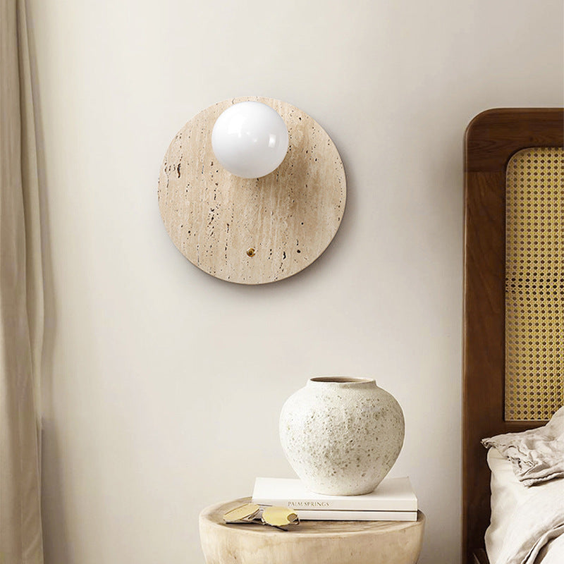 Applique murale traditionnelle japonaise en verre ovale rond en travertin jaune à 1 lumière pour chambre et salon 