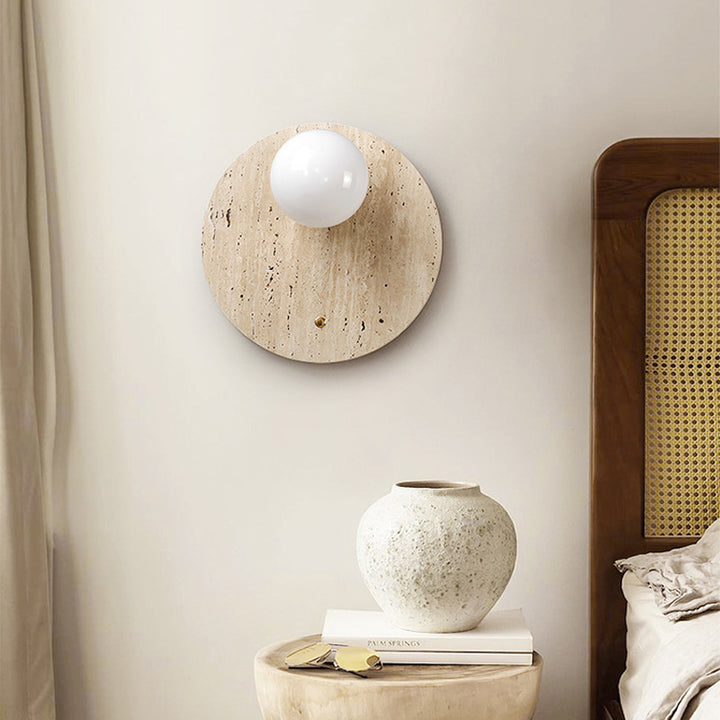 Applique murale traditionnelle japonaise en verre ovale rond en travertin jaune à 1 lumière pour chambre et salon 