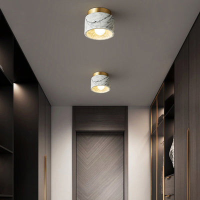 Zeitgenössische skandinavische Marmor-Metall-Rundzylinder 1-Licht Halbeinbau-Deckenleuchte für das Wohnzimmer 