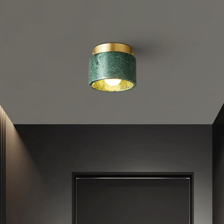 Contemporary Scandinavian Marble Metal Round Cylinder 1-Light Semi-Flush Mount Ceiling Light For Living Room