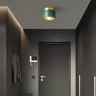 Zeitgenössische skandinavische Marmor-Metall-Rundzylinder 1-Licht Halbeinbau-Deckenleuchte für das Wohnzimmer 