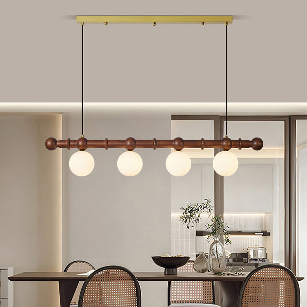 Traditional Vintage Glass Wood Iron Long Bar Bean-Shaped 4-Light Chandelier Island Light For Dining Room & Living Room