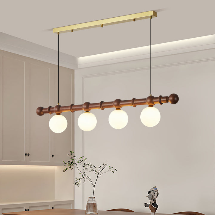Traditional Vintage Glass Wood Iron Long Bar Bean-Shaped 4-Light Chandelier Island Light For Dining Room & Living Room