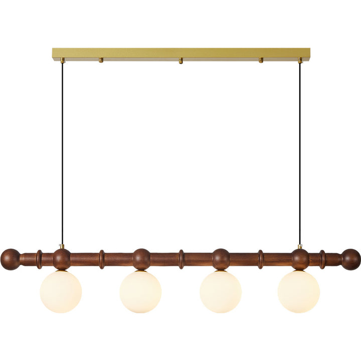 Lustre traditionnel vintage en verre, bois, fer, long bar en forme de haricot à 4 lumières pour salle à manger et salon 