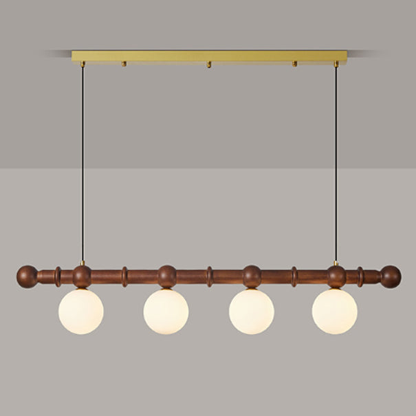 Lustre traditionnel vintage en verre, bois, fer, long bar en forme de haricot à 4 lumières pour salle à manger et salon 