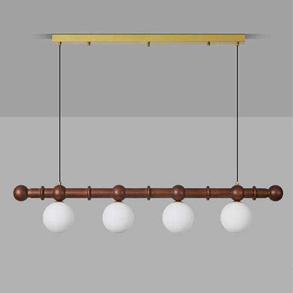 Lustre traditionnel vintage en verre, bois, fer, long bar en forme de haricot à 4 lumières pour salle à manger et salon 